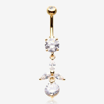 Golden Tri-Marquise Floral Leaf Sparkles Belly Button Ring-Clear Gem